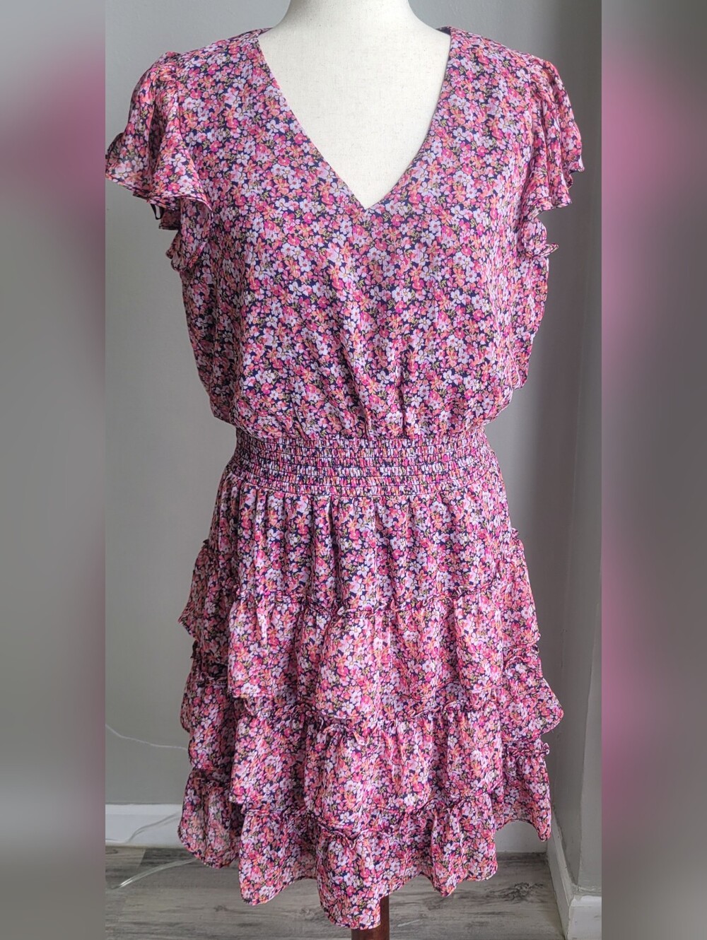 MSK Petite Floral Chiffon Dress NWT Pink Navy Tiered Ruffle PL